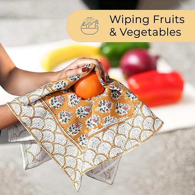 CPC Citrine Yellow Hand Block Print Waffle Kitchen Towel Set of 3-16 x 28 Inch Ultra Absorbent Quick Dry Cotton Dish Towels Lightweight Reusable Sustainable Tea Towels for Cleaning and Drying