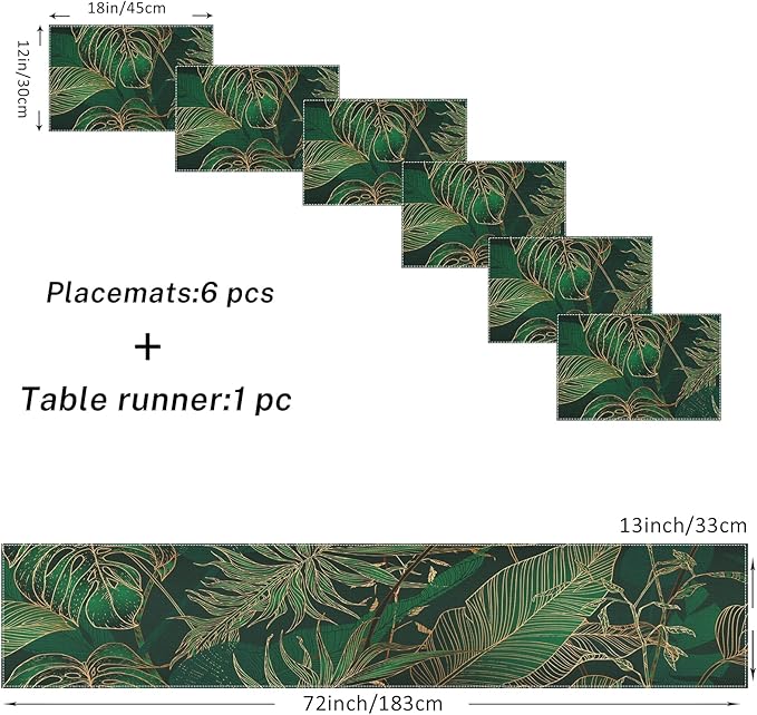 ArtSocket Palm Leaves Table Runner and Placemats Set of 6, Luxury Geometric Green Gold line Modern Tropical Dining Decor for Daily Use(1 Table Runner 72 inches Long and 6 Placemats)