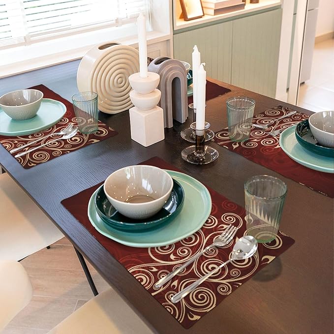 Burgundy Placemats Set of 4 Linen Washable Red Floral Swirls Ivy Image Ombre Details Placemat Kitchen Dining Heat-Resistant Place Mats Flower Art Table Mats for Home Party 12x18 Inch