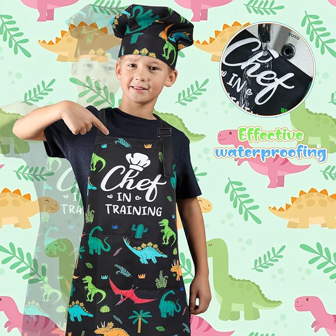 Kids Apron and Chef Hat Set, Funny Apron with 2 Pockets, Adjustable Kids Aprons for Cooking for Boys and Girls
