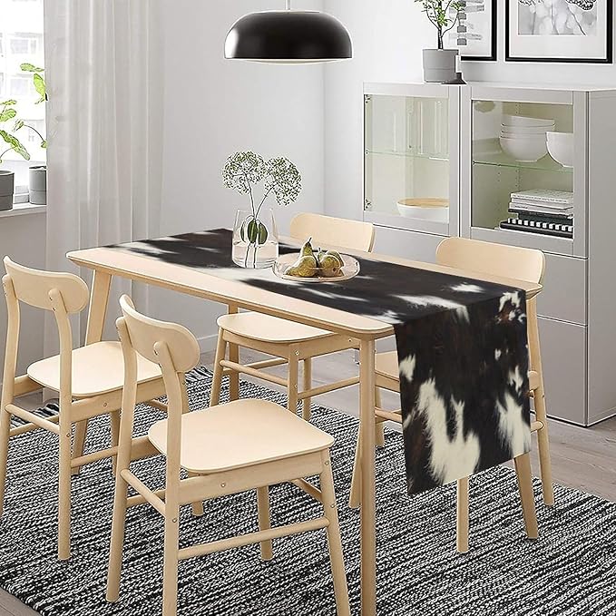 Cow Skin Print Table Runner, Rustic Country Farmhouse Animal Fur Skin Western Farm Black Brown Cowhide Print Dinner Runner Table Decoration for Home Kitchen Dining 13"x120"