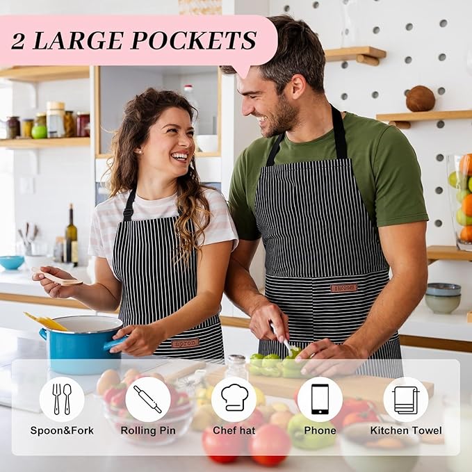 2Pack Adjustable Kitchen Apron for Women Men with 2 Pockets，Cotton-Polyester Blend Bib Aprons for Cooking,Baking
