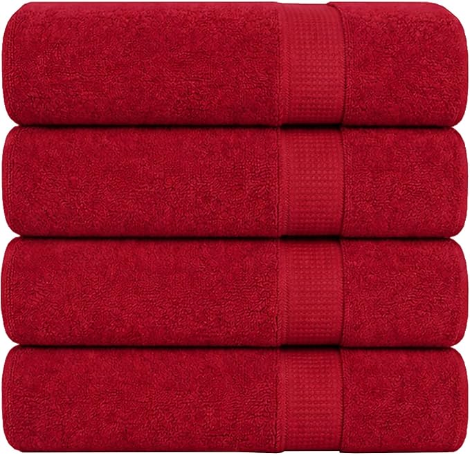 GOLD TEXTILES Premium Bath Towels Set (Pack of 4,27 x 54) 100% Ring-Spun Cotton Bathroom Towels for Hotel, Spa, Soft and Absorbent (27 x 54, Red - 4 Pcs)