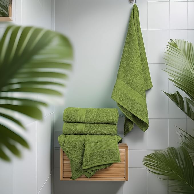 Medium Size Bath Towels Set of 6 – 100% Cotton Terry – 24" x 48" – Quick Dry, Soft & Highly Absorbent – Forest Green Towels for Bathroom, Gym, Spa, Pool & Daily Use