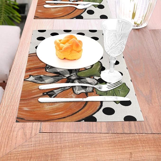 Fall Placemats Set of 4, 12x18 Inches Polka Dot Orange Pumpkin Decorative Linen Rectangle Autumn Thanksgiving Decor Pumpkin Table Mats for Party Home Kitchen Dining Table Decoration
