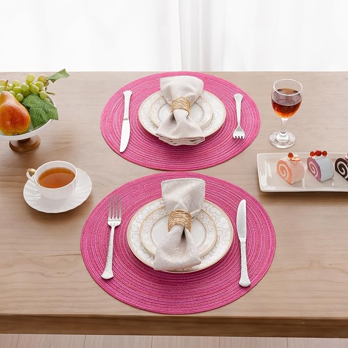 SHACOS Round Placemats Set of 8 Braided Cotton Polyester Table Placemat 15 inch Circle Place Mats for Kitchen Dining Table Holiday Party (Hot Pink, 8)