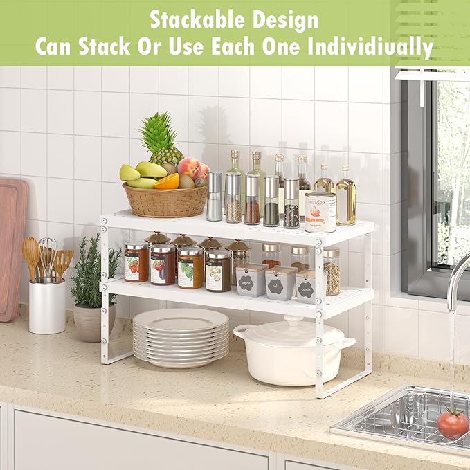 RUILALIFE Expandable Cabinet Organizer Shelf With Adjustable Height, Stackable Kitchen Countertop Organizer Rack, Adjustable Shelf Riser For Kitchen Counter, Pantry, Cupboard, Desk, Tabletop
