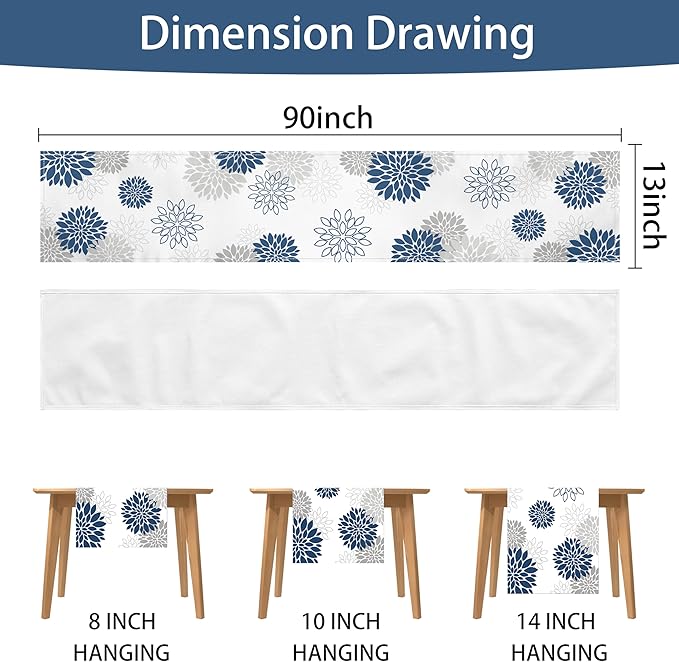 Dahlia Flower Table Runner 13x90 Inch Farmhouse Blue Gray Runners Modern Table Decorations Rustic Geometric Coffee Table Runner for Home Kitchen Dining Room Party (13"x90", Dahlia Floral-Blue)