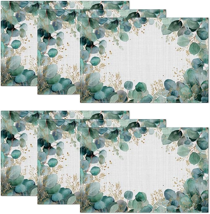 Eucalyptus Leaves Green Gold Placemats Set of 6,12 x 18 Inch Table Mats Washable Heat Resistant Linen Fabric Rectangle Place Mat for Party Home Kitchen Dining
