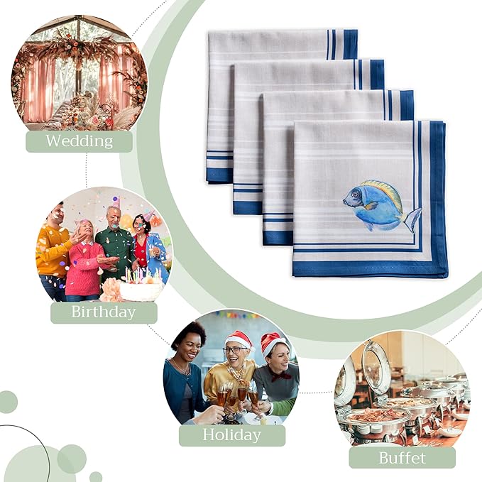 Maison d' Hermine Cloth Napkins Set of 4 100% Cotton Everyday Reusable Square Napkins Cloth Washable Dinner Party Wedding Restaurant Gifts for Mothers Day Spring/Summer (Poisson, 20" x 20")