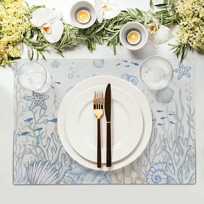 Giwawa Coastal Sea Turtle Placemats Set of 4, Ocean Life Nautical Tortoise Place Mat, Summer Starfish Seashell Beach Themed Washable Table Mats for Kitchen Dining Seasonal Party Decor, 12"x18"