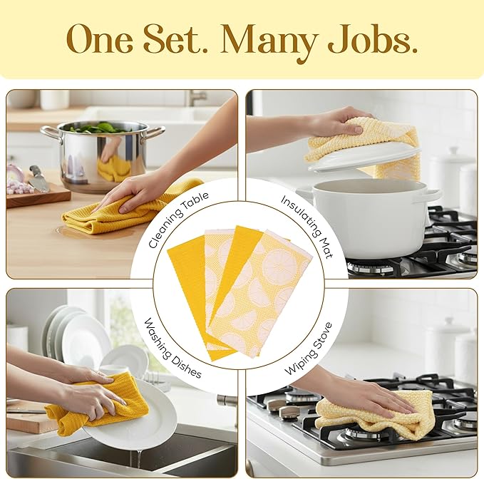MosJos Kitchen Towels Set of 4 Premium Hand Towels 18 x 28 Inch Large Tea Towels for Drying & Decor - Soft, Absorbent Cotton Yellow Ribbed and Lemon Citrus Weave Cute Hand Towels - Housewarming Gift