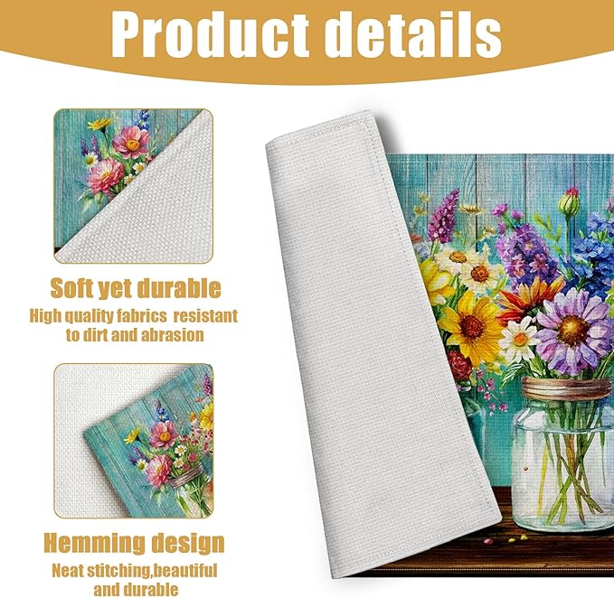 Rustic Flower Placemats Set of 6, Spring Flower Vase Linen Place Mat Washable Stain Resistant Table Mats for Farmhouse Kitchen Party Wedding 12x18 Inch