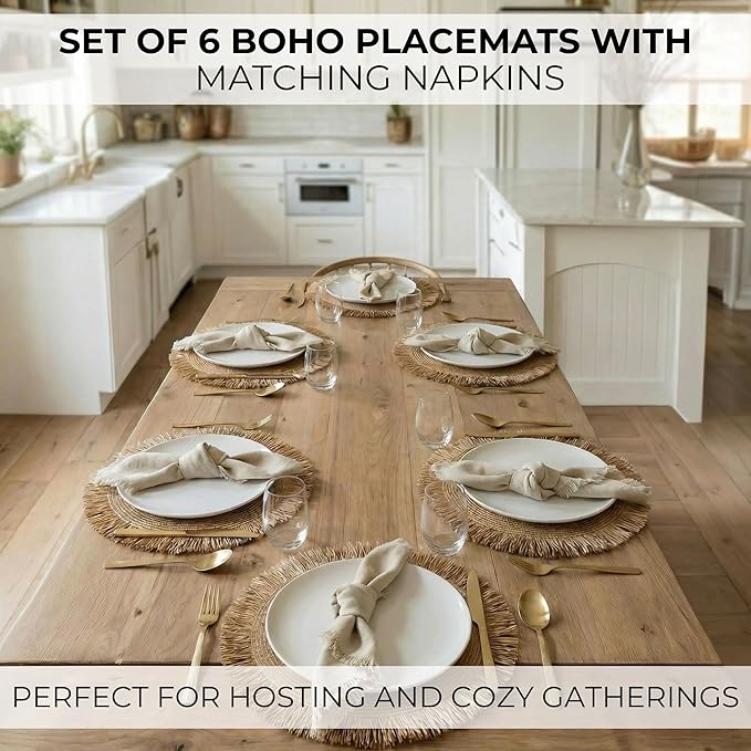 Decorative Boho Table Placemats Set of 6 with Matching Linen-Textured Napkins - Beautiful Natural Decor Elevates Your Dining Room or Kitchen Setting - Easy to Style & Mix with Linen Inspired Material
