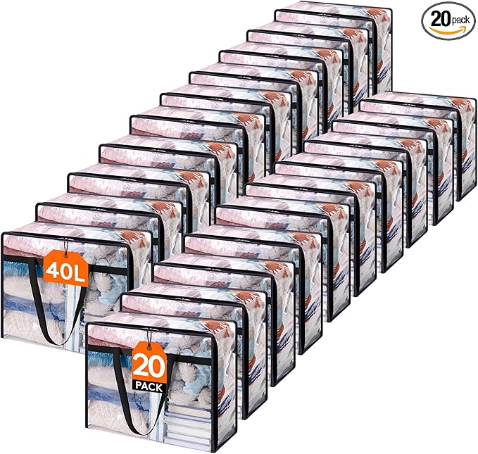 Lifewit 20 Pack Clear Clothes Storage Bags, 40L Plastic Blanket Storage Bag, Vinyl Foldable Moving Bags with Zipper, Closet Organizers and Storage Containers for Bedding, Duvet, Comforter