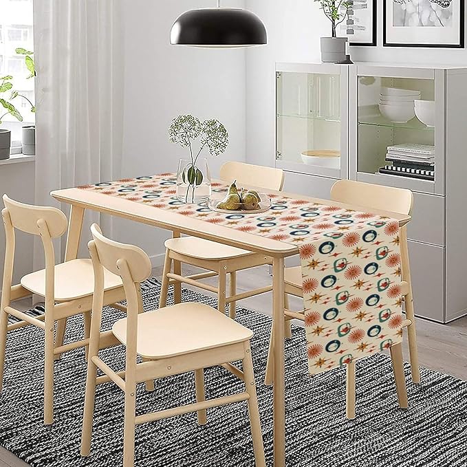 Mid Century Table Runner Retro Abstract Atomic Starbursts Boho Geometric Art Printed Dinner Runner for Home Kitchen Dining Table Decor Fabric 1 Panel W13xL90in