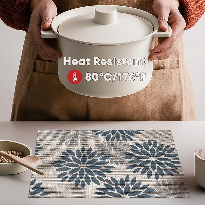 Artoid Mode Floral Vinyl Placemats Set of 4, Heat Resistant Washable Non-Slip Plastic PVC Place Mats for Party Kitchen Dining Decor, Blue Grey