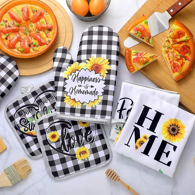 Leinuosen 6 Plaid Sunflower Kitchen Towels Kitchen Decor and Accessories Set Floral Plant Oven Mitts and Pot Holders Sets Farmhouse Absorbent Dish Towels for Cooking Baking Grilling