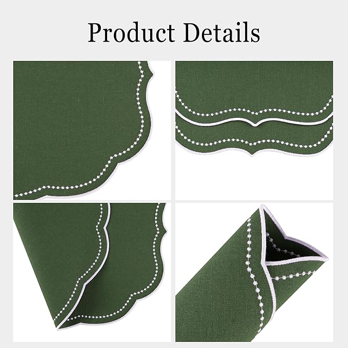Cotton Linen Placemats Set of 4 - Double Layered, Luxury Scalloped Embroidered Cloth Table mats - Holidays, Christmas, Washable Mat, 16 x 13 inch (Green)