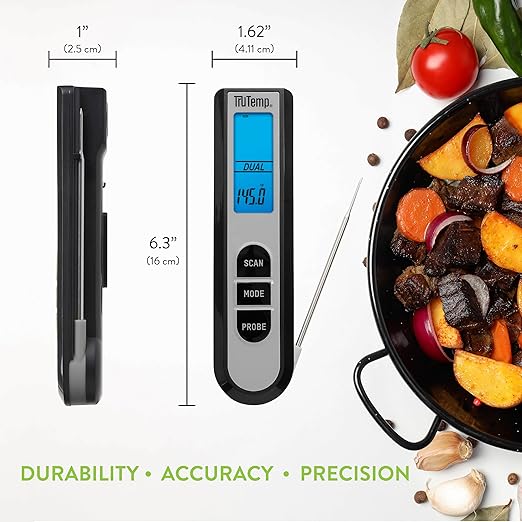 Taylor TruTemp Dual Instant Read Infrared Meat and Food Thermometer, Digital for Cooking, IPX5 Splash Proof Design, Plus Meat Probe for BBQ, Kitchen, Smoker, and Grilling, Gray