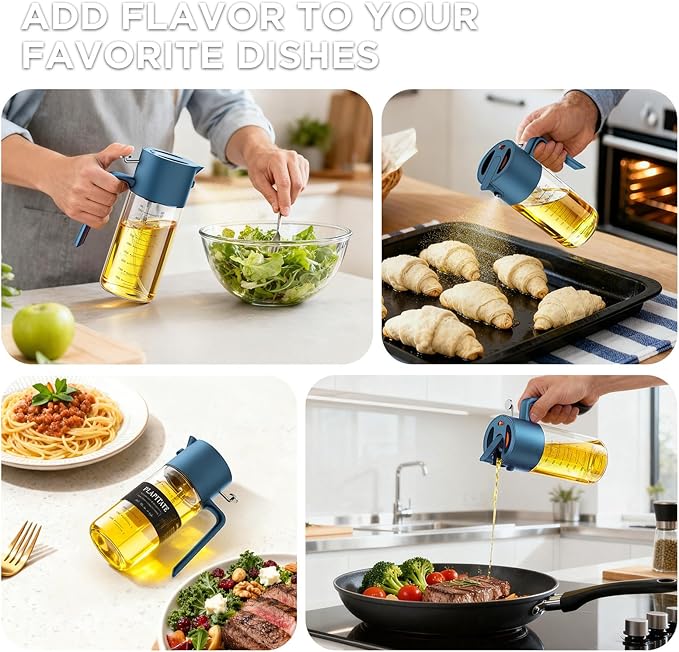 PLAPITATE 17oz/500ml Premium Olive Oil Sprayer for Cooking, 2 in 1 Glass Olive Oil Dispenser Bottle for Kitchen Gadgets, Spray Bottle with Portion Control for Salad, Frying, BBQ (Blue)