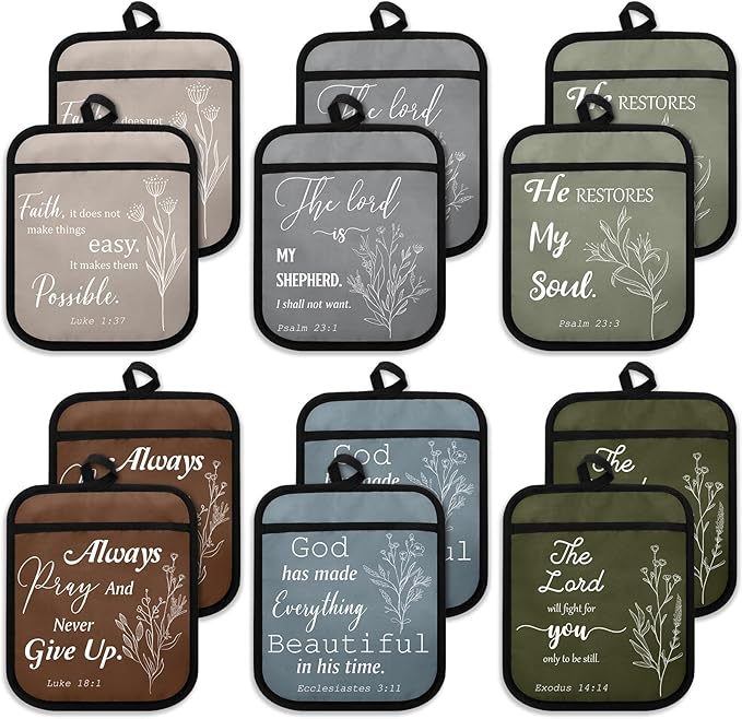 LemonRoad 12 Pcs Mother's Day Church Gifts Bulk Religious Christian Pot Holders with Pocket Mom Gifts Botanical Gloves Pads Bible Verse Scripture Oven Mitts for Women Kitchen Baking Supplies