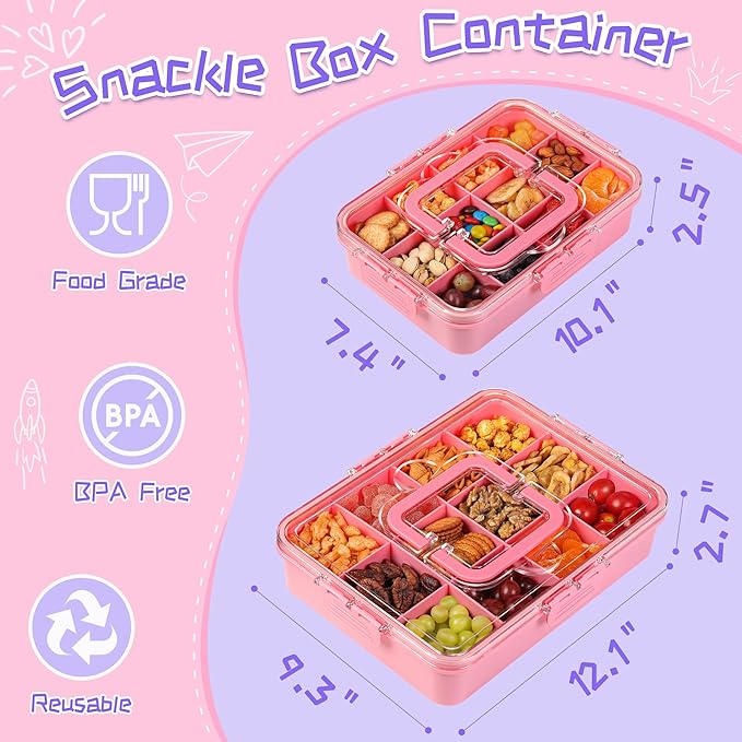 Xyptorix 2 Pcs Snack Box Container for Kids - Adjustable 12-Compartment Snack Containers, Reusable Bento Box, Dishwasher Safe, BPA-Free, Perfect for School, Travel, Camping & Picnic, Pink & Green