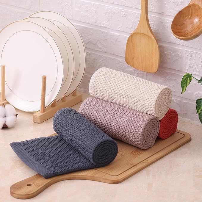 Kitinjoy 100% Cotton Kitchen Towels and Dishcloths Set, 8 Pack-13" x 28" and 12" x 12" Waffle Weave Dish Towels, Ultra Soft Absorbent Quick Drying Dish Rags, Multicolor