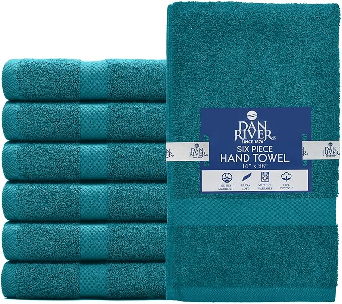 DAN RIVER 6-Pack Premium Hand Towels (16x28 Inches) - 100% Cotton, Ultra Soft, Lightweight, Highly Absorbent Towels for Bathroom, Spa, Gym, Salon, Hotel, and Travel - Teal