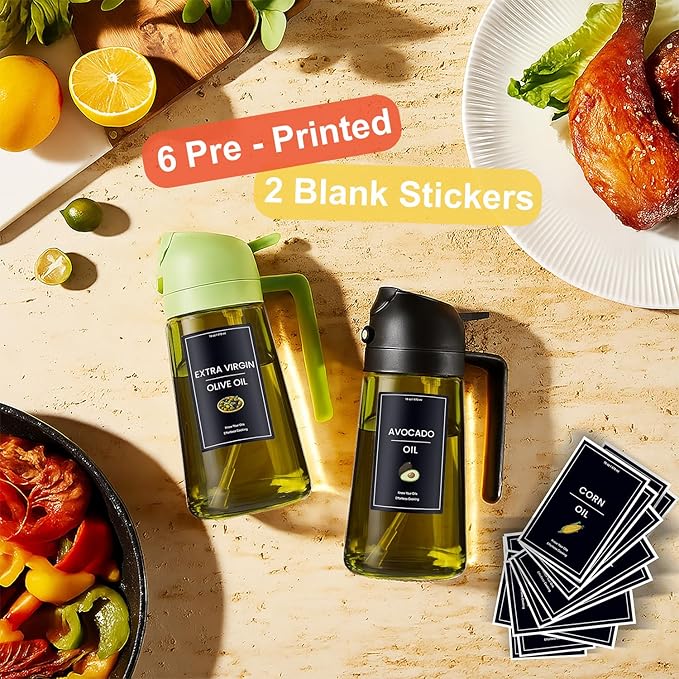 CXINYI - 16oz/470ml Olive Oil Dispenser for Kitchen with Stickers - 2 in 1 Olive Oil Sprayer for Cooking, Air Fryer, and Salad, Black&Blue (Light-Proof Kitchen Gadget)