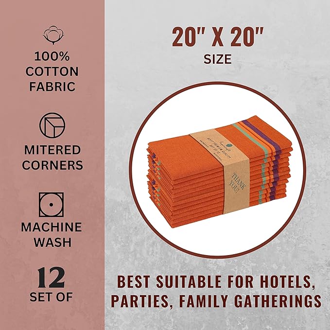 FINGERCRAFT Cloth Napkins, Everyday Use, Premium Quality High GSM Woven Cotton, Set of 12, 20X20 Inch Oversized Napkins Cloth Mitered Corners, Soft, Durable Hotel Quality Orange Multi