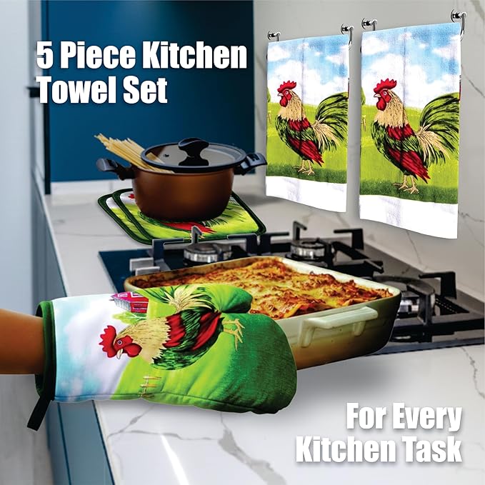 Lobyn Value Packs: 5-Piece Country Kitchen Towel Set – Proud Rooster & Red Barn Motif, 2 Lightweight Terry Cloth Dish Towels (25 X 15) Quilted Oven Mitt (11 X 7) & 2 Potholders (6.5 X 6.5)