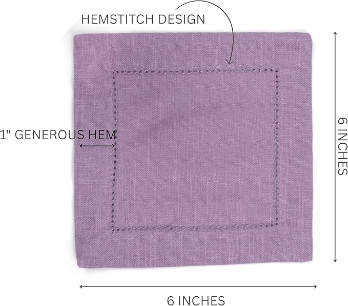 FINGERCRAFT Cocktail Napkins 6 x 6 Inch Premium Quality Cotton, Generous Hemstitch and Mitered Corner Set of 12 Coaster Cloth Lavender