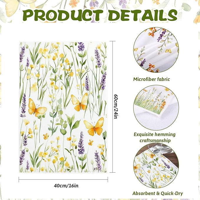 4Pcs Spring Wildflower Butterfly Kitchen Towels-16×24in Floral Microfiber Dish Towels, Super Absorbent Flower Holiday Hand Towels for Home Decor Easter Mother‘s Day Gifts
