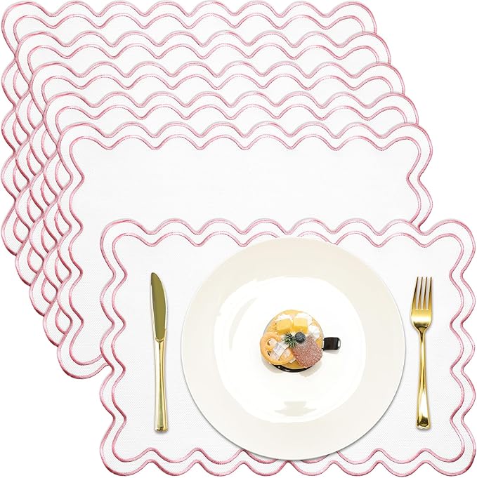 HunnmingRe Set of 6 Cotton Linen Placemats, 13x19 Inch Scalloped Wavy Embroidery Placemat Double Layered Washable Rustic Rectangle Dinner Table Mats for Wedding Home Decor(White with Pink)