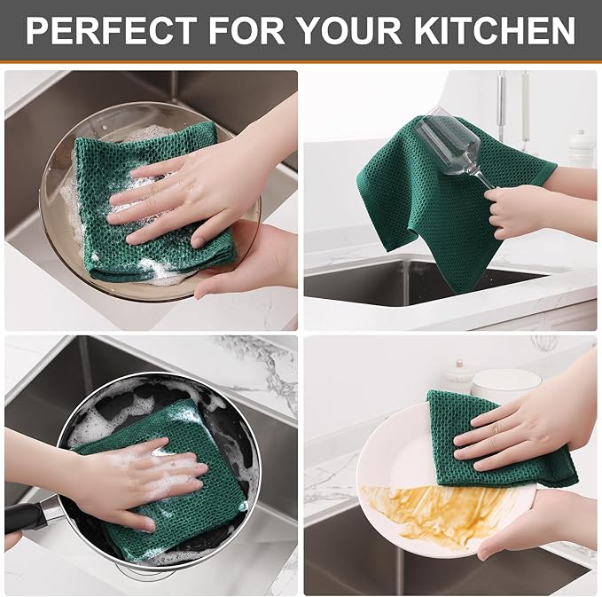 Kitinjoy 100% Cotton Kitchen Dish Cloths (12 X 12 Inches, Dark Green), 12 Pack Waffle Weave Ultra Soft Absorbent Dish Towels for Drying Dishes Quick Drying Kitchen Towels Dish Rags