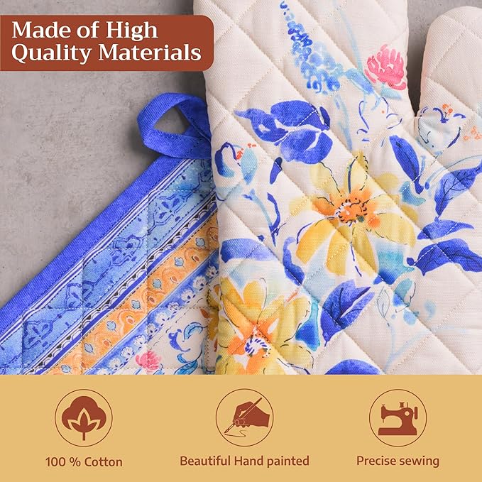 Maison d' Hermine 100% Cotton Oven Mitt & Pot Holder Set (7.5"x13" & 8"x8") Heat Resistant BBQ Cooking Gloves with Loop Baking Grilling Kitchen Gifts for Mothers Day Spring/Summer (Girassol)
