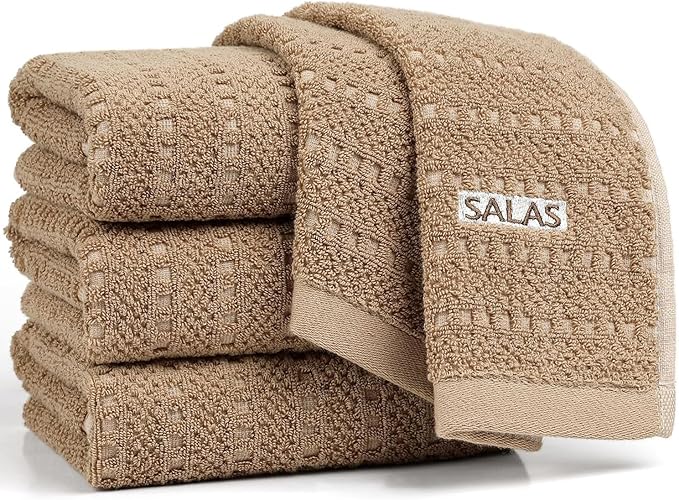 SALAS Kitchen Dish Towels, Bulk Cotton Kitchen Hand Towels, 390 GMS Plaid Dish Cloths Rags for Drying Dishes with Hanging Loop, 16‘’ x 26‘’, 4 Packs, Khaki
