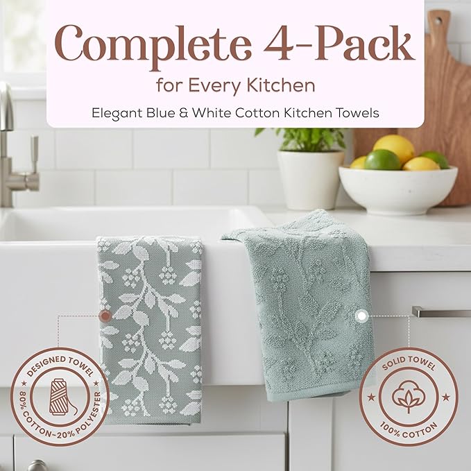 MosJos Kitchen Towels, Blue and White Floral Cotton Hand Towels 4 Pack Absorbent Hand Drying Cloths, 18 x 28 Kitchen Linens