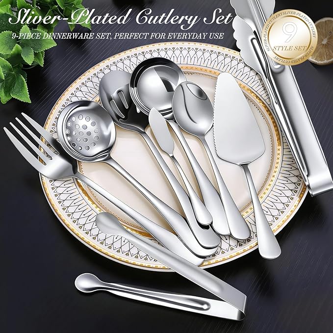 Mwellewm 17Pcs Serving Utensils, Silver Stainless Steel Serving Spoons, Slotted Spoon, Fork, Tongs, Cake Pie Server, Soup Spoon Metal Buffet Banquet Cutlery Set for Parties Entertaining Catering