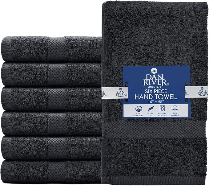 DAN RIVER 6-Pack Premium Hand Towels (16x28 Inches) - 100% Cotton, Ultra Soft, Lightweight, Highly Absorbent Towels for Bathroom, Spa, Gym, Salon, Hotel, and Travel - Charcoal
