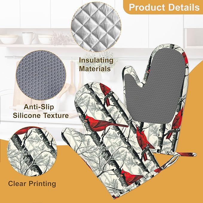 Red Cardinal Birds Oven Mitts and Pot Holders Set of 4,Kitchen Glove Heat Resistant Oven Mitts with Non-Slip Silicone for Baking, Cooking, BBQ