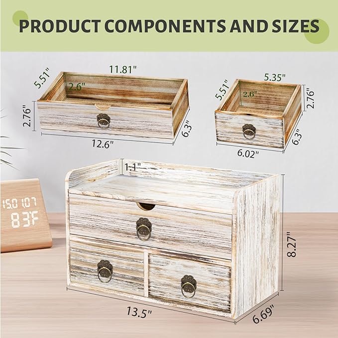 Wood Desk Organizer with Drawer, Vintage Brown Wooden Desktop Organizer, Tabletop Storage Organization Box for Countertop, Home Office Supplies, 13.5x6.6x8.2 Inch(3 Drawer and Shelf)