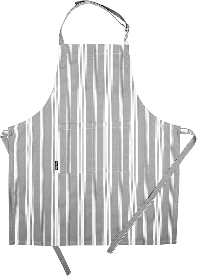 AMOUR INFINI Cotton Striped Aprons for Women with Pockets - Adjustable Strap and Waist Ties Printed Apron for Baking, Cooking, Gardening (27.5 x 33 Inches - Gray)