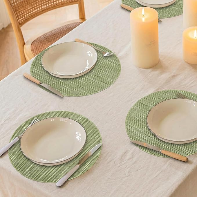Niviy Green Round Placemats Set of 4, 15 Inch Washable Easy to Clean Heat-Resistant Anti-Skid Sage Green Placemats for Holiday Party Kitchen Dining Room Decoration