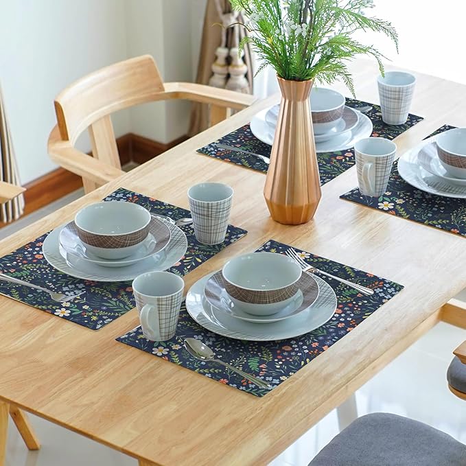 Giwawa Colorful Boho Flowers Placemats Set of 4 for Kitchen Dining, Navy Blue Rustic Floral Leaf Botanical Washable Linen Place Table Mat 12x18 Inches for Tabletop Seasonal Party Home Decor