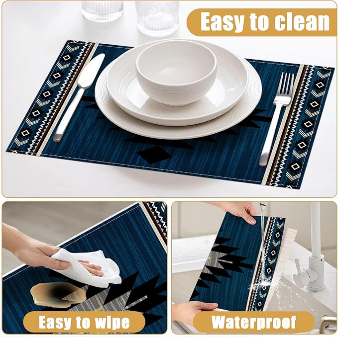Southwestern Placemats Set of 6, Tribal Geometric Linen Place Mat Washable Stain Resistant Table Mats for Farmhouse Kitchen Dining Party Wedding Decor 12x18 Inch