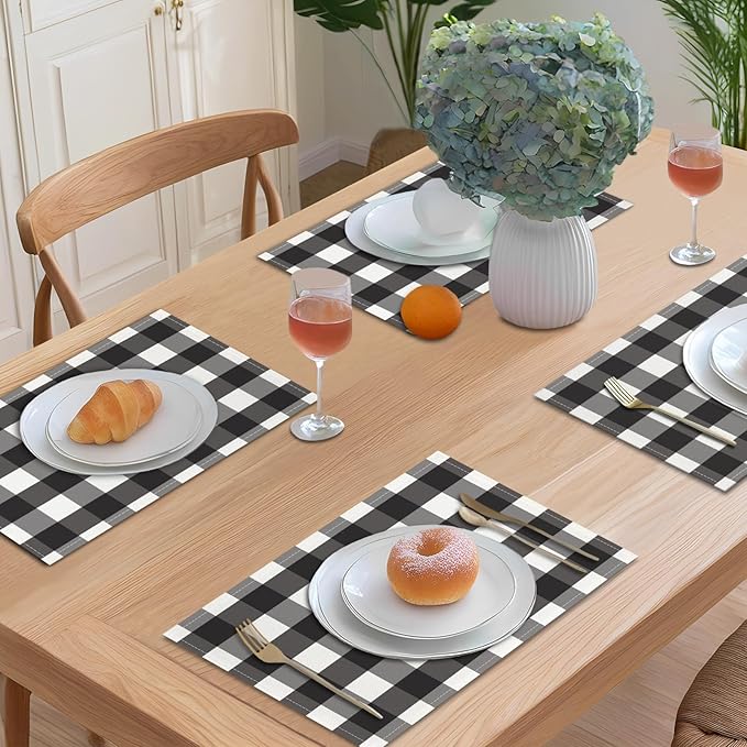 Black and White Placemats Buffalo Plaid Place Mats Farmhouse Rustic Decorative Table Mats Set of 4 - Linen Heat Resistant Washable Placemats for Kitchen Dining Coffee Table 12x18Inch