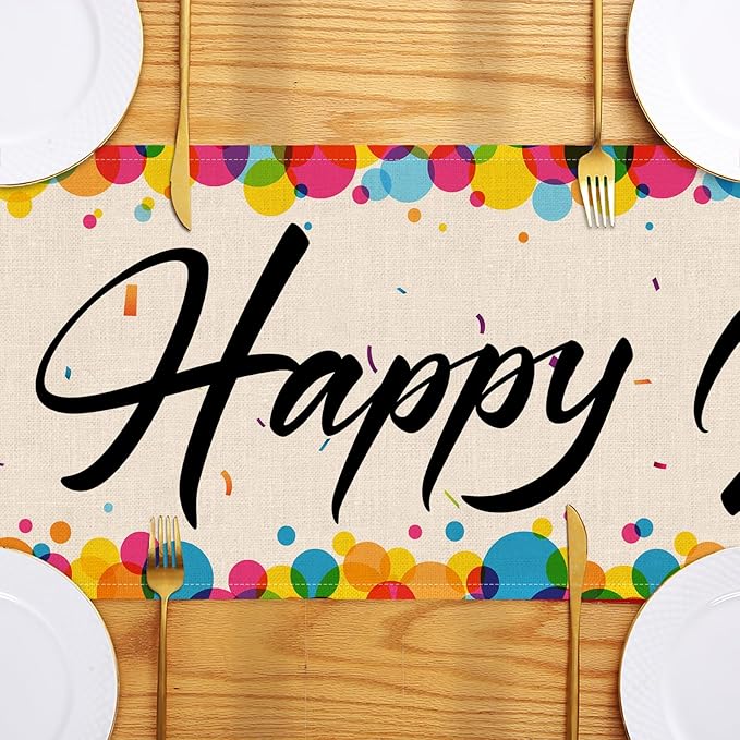 Happy Birthday Table Runner Colored Circles Ribbons 13x72 Inch Polyester Linen Table Decoration for Kitchen Dinning, Indoor Outdoor Home Party Desktop Decor (Multicolour)