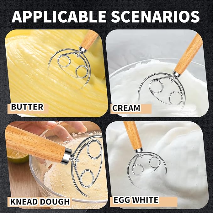 Danish Dough Whisk Stainless Steel Wooden Handle for Sourdough Bread Pastry and Pizza Baking